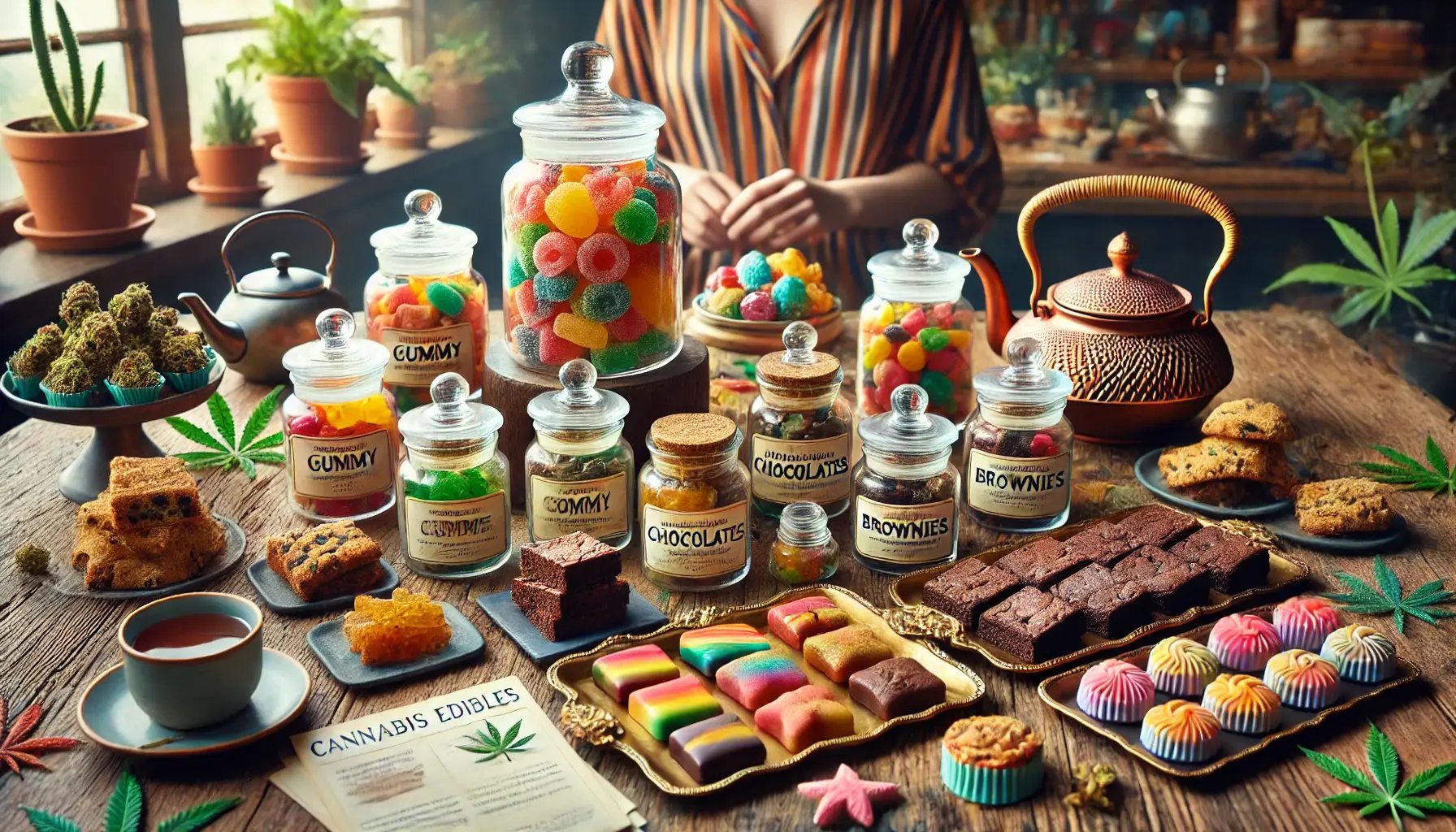 A vibrant, high-resolution image of a variety of cannabis-infused edibles displayed on a rustic wooden table. The arrangement includes colorful gummy A vibrant, high-resolution image of a variety of cannabis-infused edibles displayed on a rustic wooden table. The arrangement includes colorful gummy