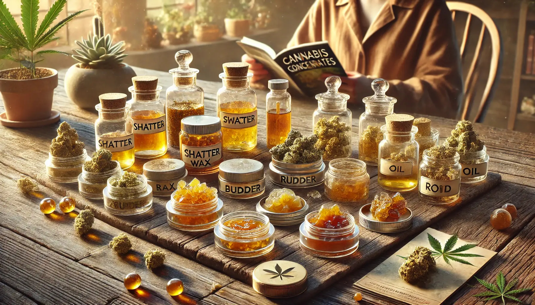  A high-resolution, realistic image showcasing a variety of cannabis concentrates arranged on a rustic wooden table. The assortment includes glass jars