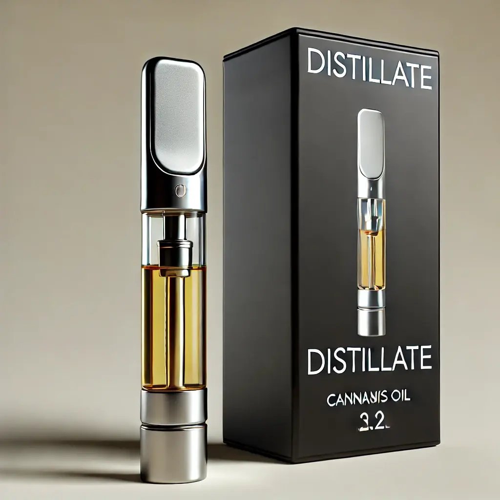 DALL·E 2024-11-26 15.32.24 - A realistic image of a cannabis distillate cartridge standing upright next to a generic black box labeled DISTILLATE in clear white or light blue le-1